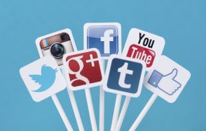 Kiev, Ukraine - August 26, 2013 - A collection of well-known social media brands printed on paper and placed on plastic signs. Include Facebook, YouTube, Twitter, Google Plus, Instagram and Tumblr logos.